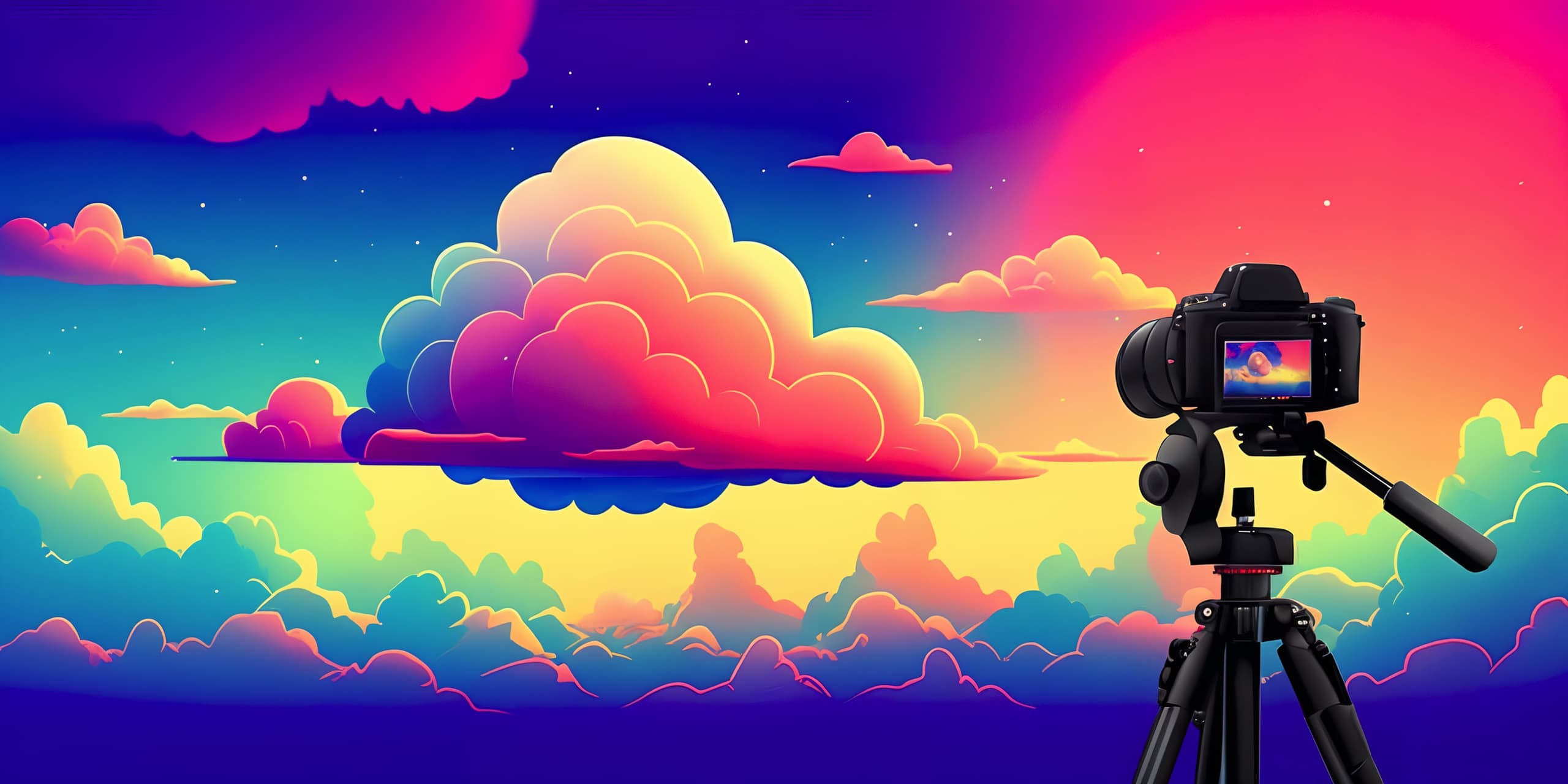 Colorful illustration of a camera on a tripod pointing at a cloud in the sky