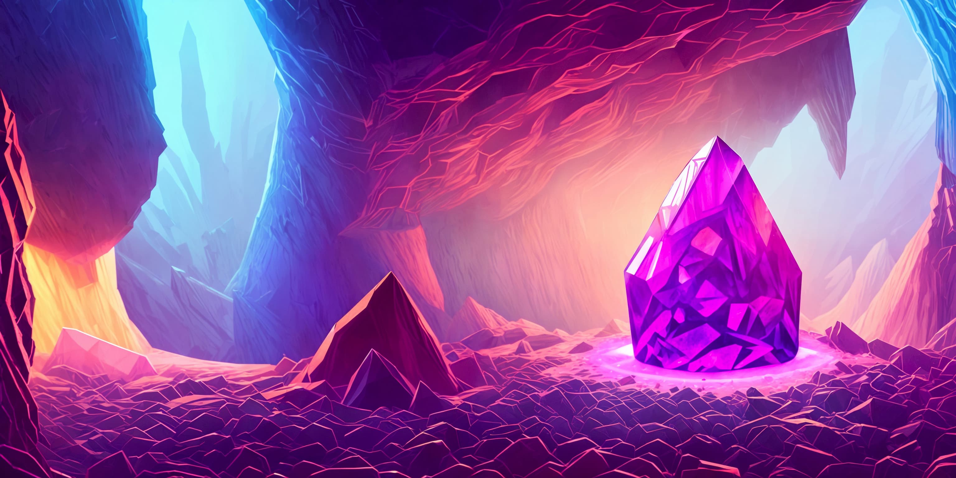 Illustration of a large pink glowing crystal in a cave system.